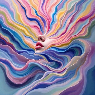 The primary subject of the image is a woman's face, which is the main focus of the image. The setting is a colorful, abstract background that adds a vibrant and artistic touch to the scene. The visual style is a combination of digital art and illustration, creating a unique and eye-catching representation of the woman's face. The colors and mood of the image are predominantly bright and lively, with a mix of warm and cool tones that evoke a sense of energy and creativity